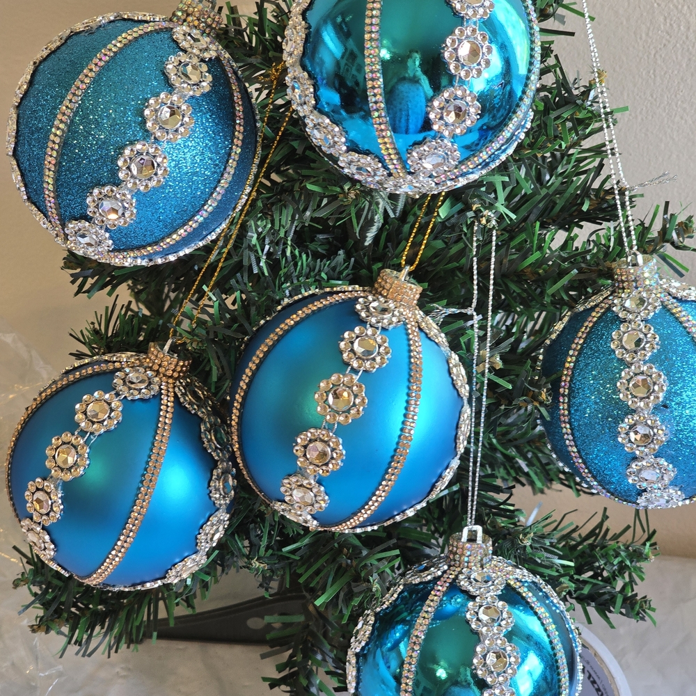 Sparkling Teal Holiday Ornament Set Large New 3.5 Inch Handmade